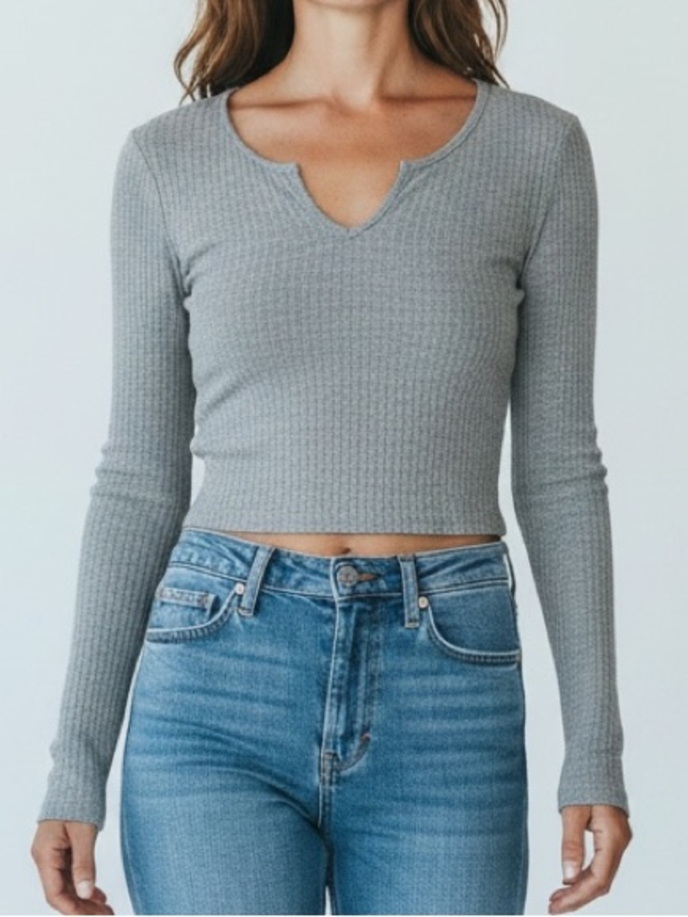 SHEIN gray long sleeve crop rib-knit top V-neck size L